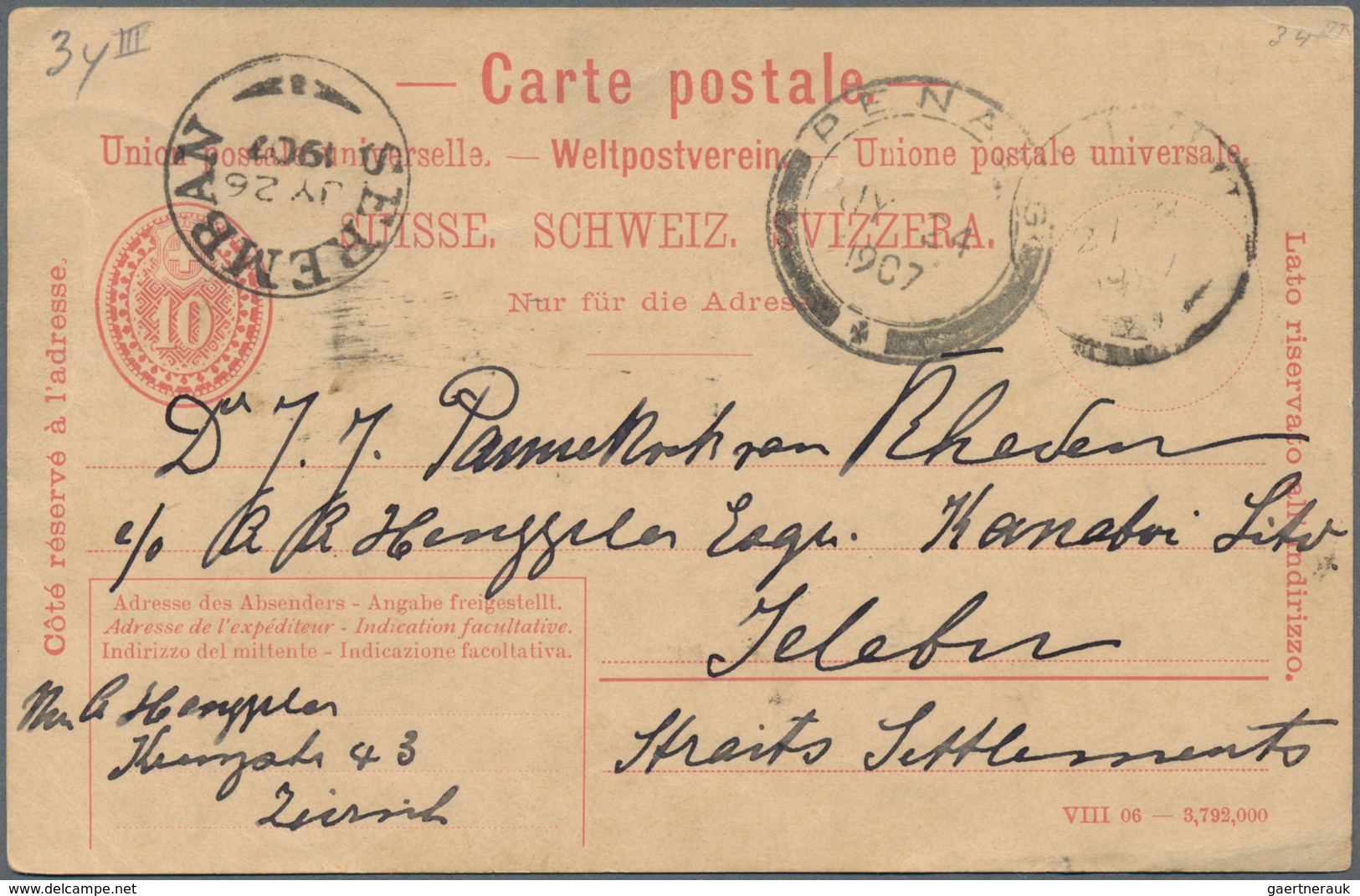 Malaiische Staaten - Negri Sembilan: 1907 Swiss Postal Stationery Card 10c. Used From Zürich To Jele - Negri Sembilan