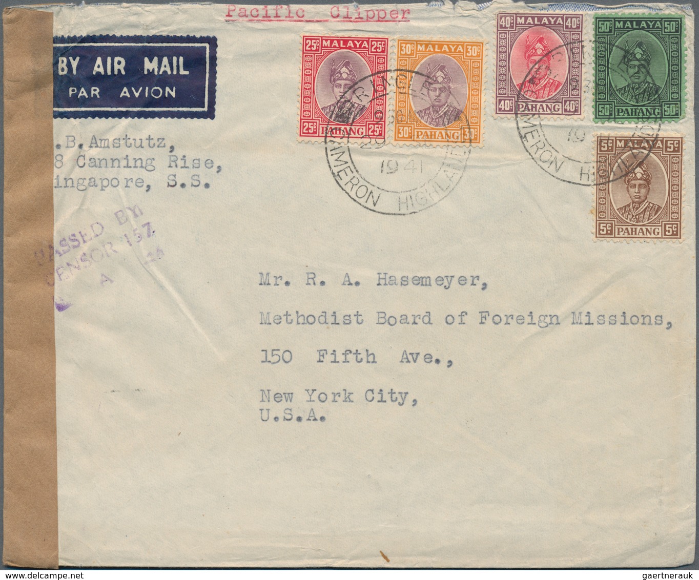 Malaiische Staaten - Pahang: 1941 Censored Airmail Cover From Ringlet To New York Per 'Pacific Clipp - Pahang