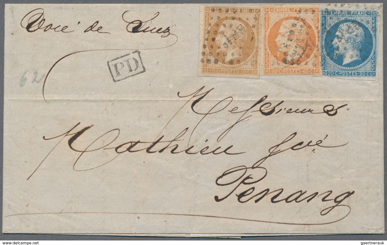 Malaiische Staaten - Penang: 1852 Entire Letter Sent From Marseilles To PENANG 'Via Suez' (endorsed - Penang