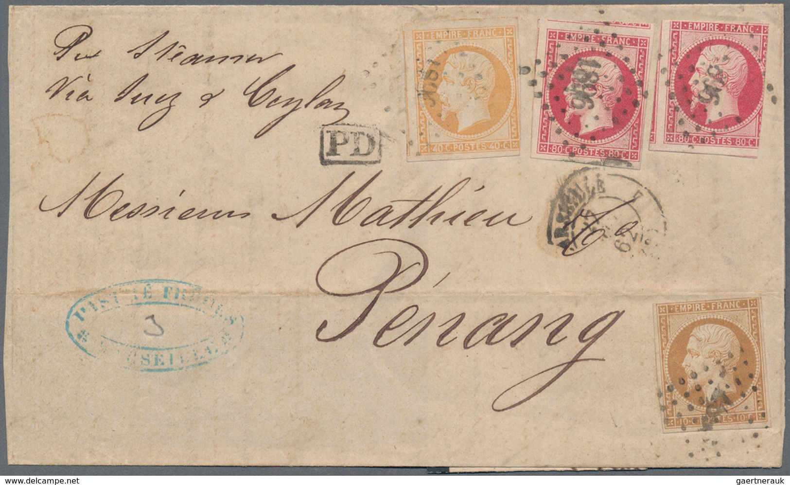 Malaiische Staaten - Penang: 1852 Part Folded Mourning Letter Sent From Marseilles To PENANG 'Per St - Penang