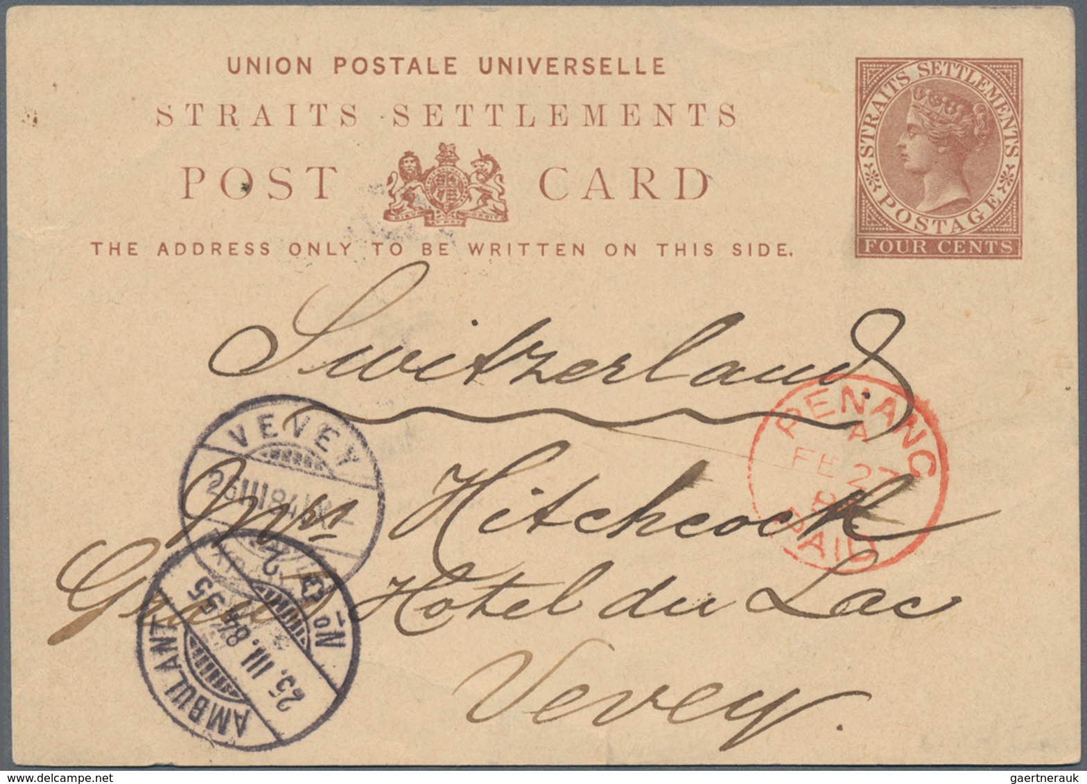 Malaiische Staaten - Penang: 1884 Straits Postal Stationery Card 4c. Brown Used From Penang To Vevey - Penang