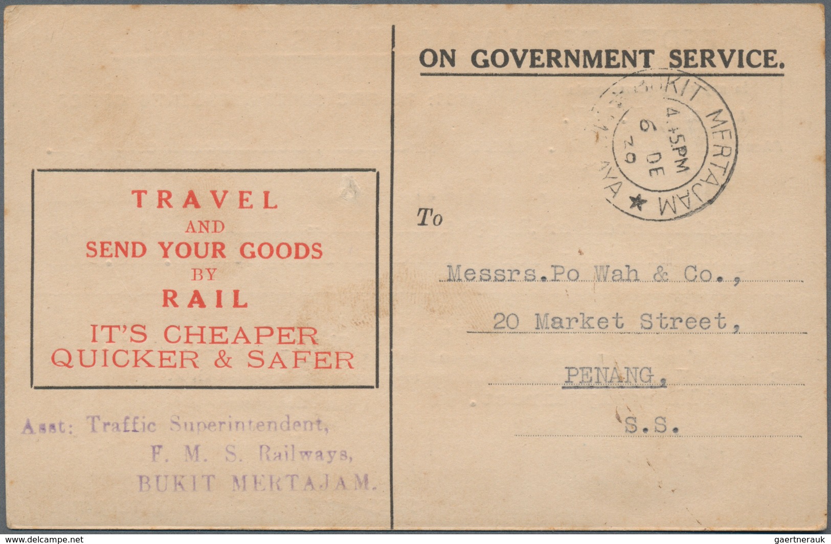 Malaiische Staaten - Penang: 1939 Printed Receipt Card Of "Federated Malay States Railways" Used Fro - Penang