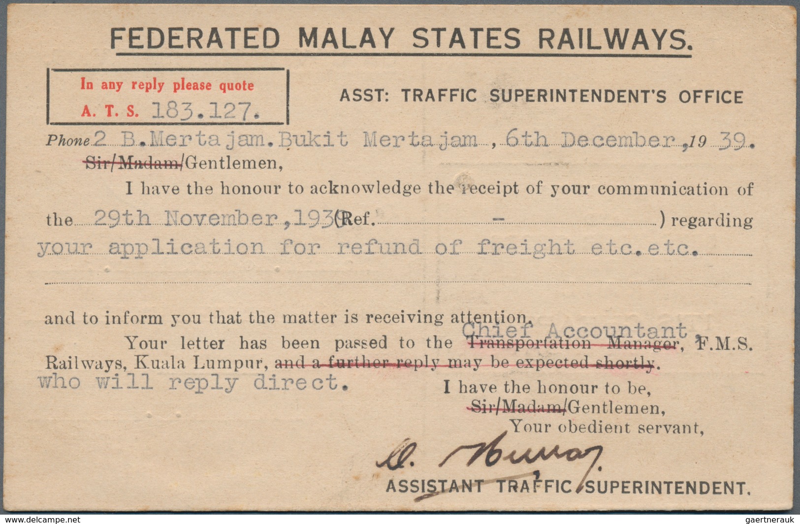 Malaiische Staaten - Penang: 1939 Printed Receipt Card Of "Federated Malay States Railways" Used Fro - Penang