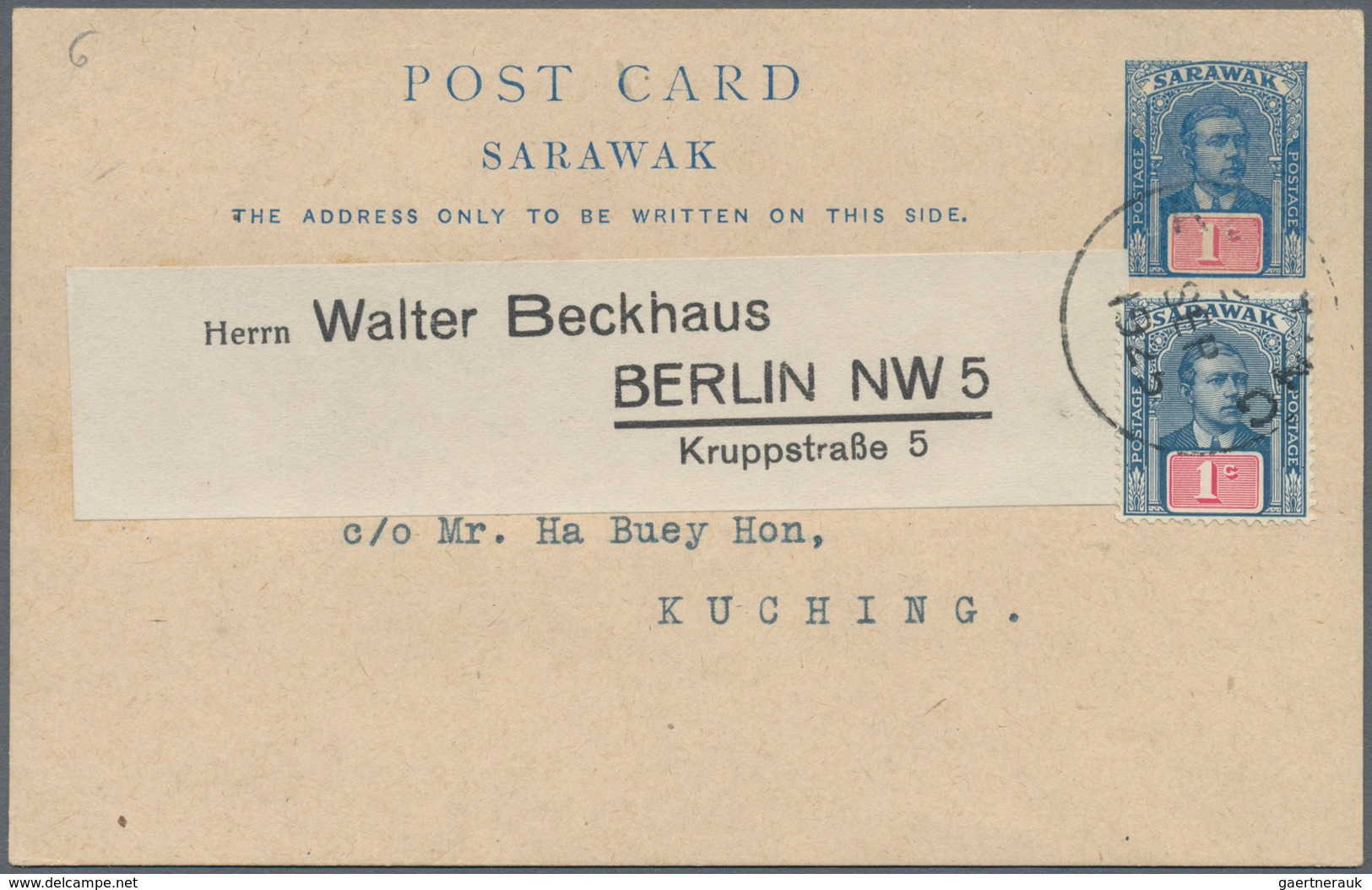 Malaiische Staaten - Sarawak: 1925: Postal Stationery Card 1c., Uprated 1c., Used From Kuching To Be - Other & Unclassified