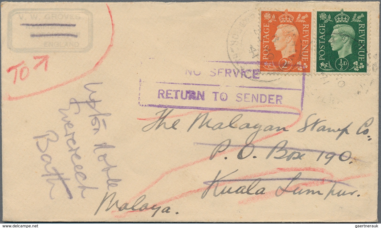 Malaiische Staaten - Selangor: 1941 "NO SERVICE": Two WWII. Covers Sent From England And Scotland To - Selangor