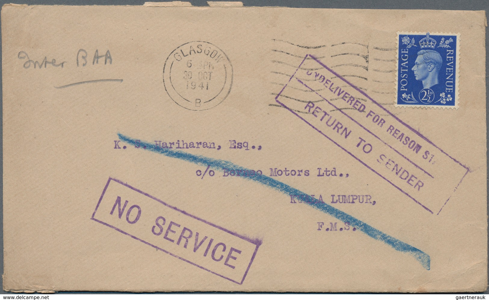 Malaiische Staaten - Selangor: 1941 "NO SERVICE": Two WWII. Covers Sent From England And Scotland To - Selangor
