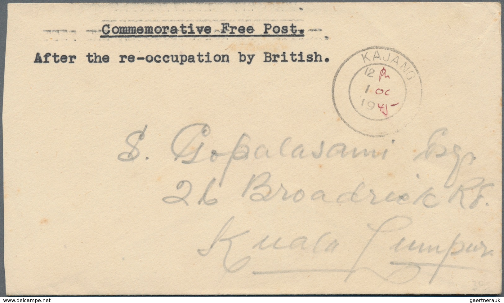 Malaiische Staaten - Selangor: 1945 KAJANG: Stampless Cover With Note "Commemorative Free Post./Afte - Selangor