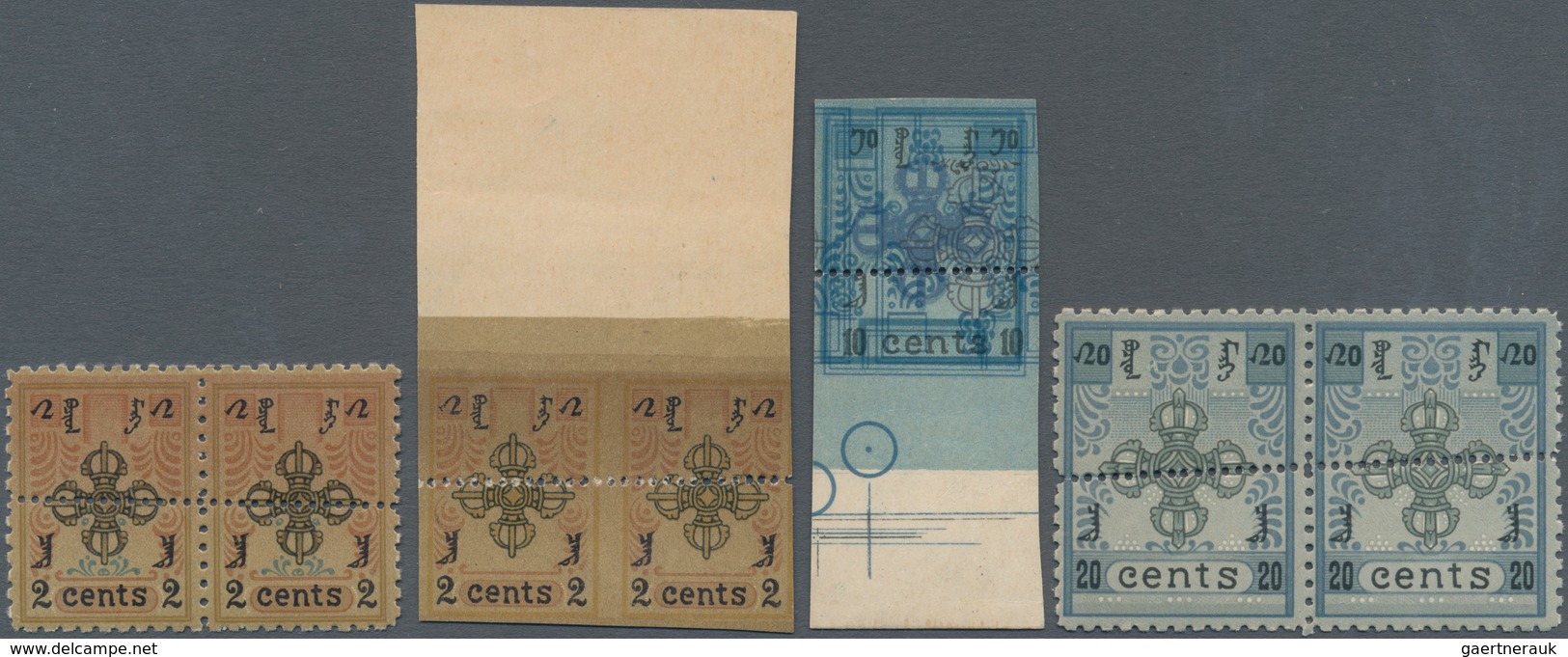 Mongolei: 1924 Two Pairs Of 2c., One Perf, The Other Imperf With Huge Sheet Margin At Top, A Bottom - Mongolia