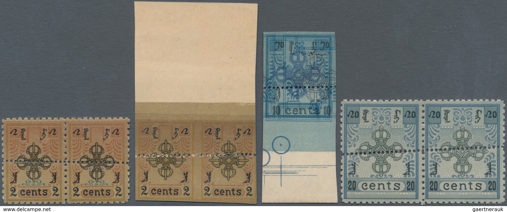 Mongolei: 1924 Two Pairs Of 2c., One Perf, The Other Imperf With Huge Sheet Margin At Top, A Bottom - Mongolei