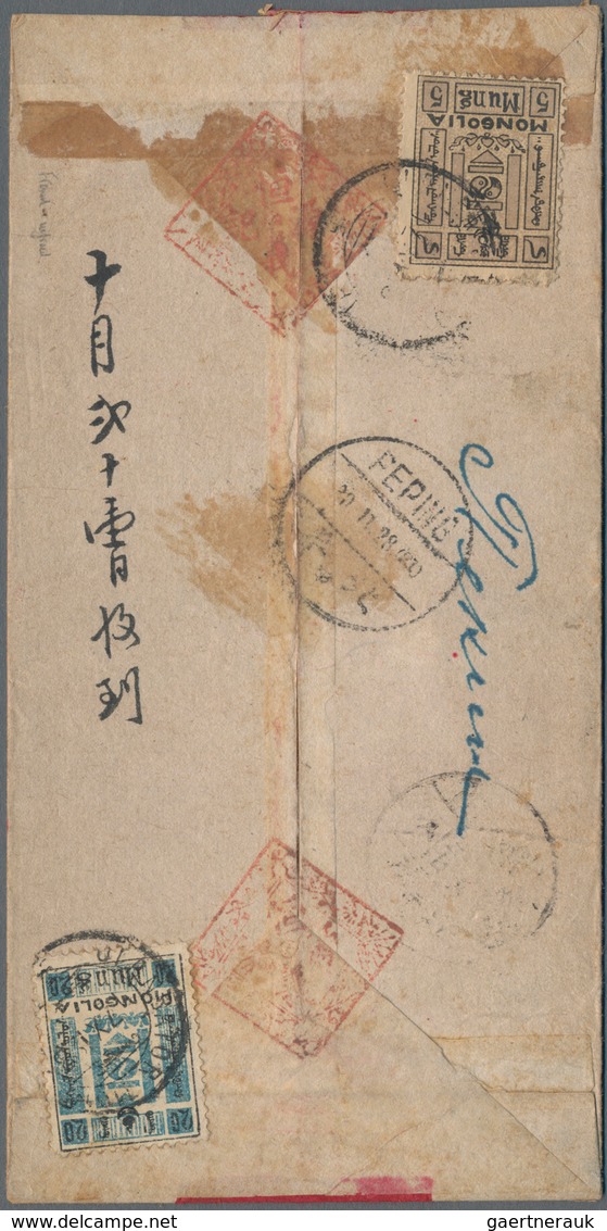 Mongolei: 1928 Red-band Cover From Ulan Bator To PEKING Franked By 1926 20m. Blue & Black And 5c. Gr - Mongolia