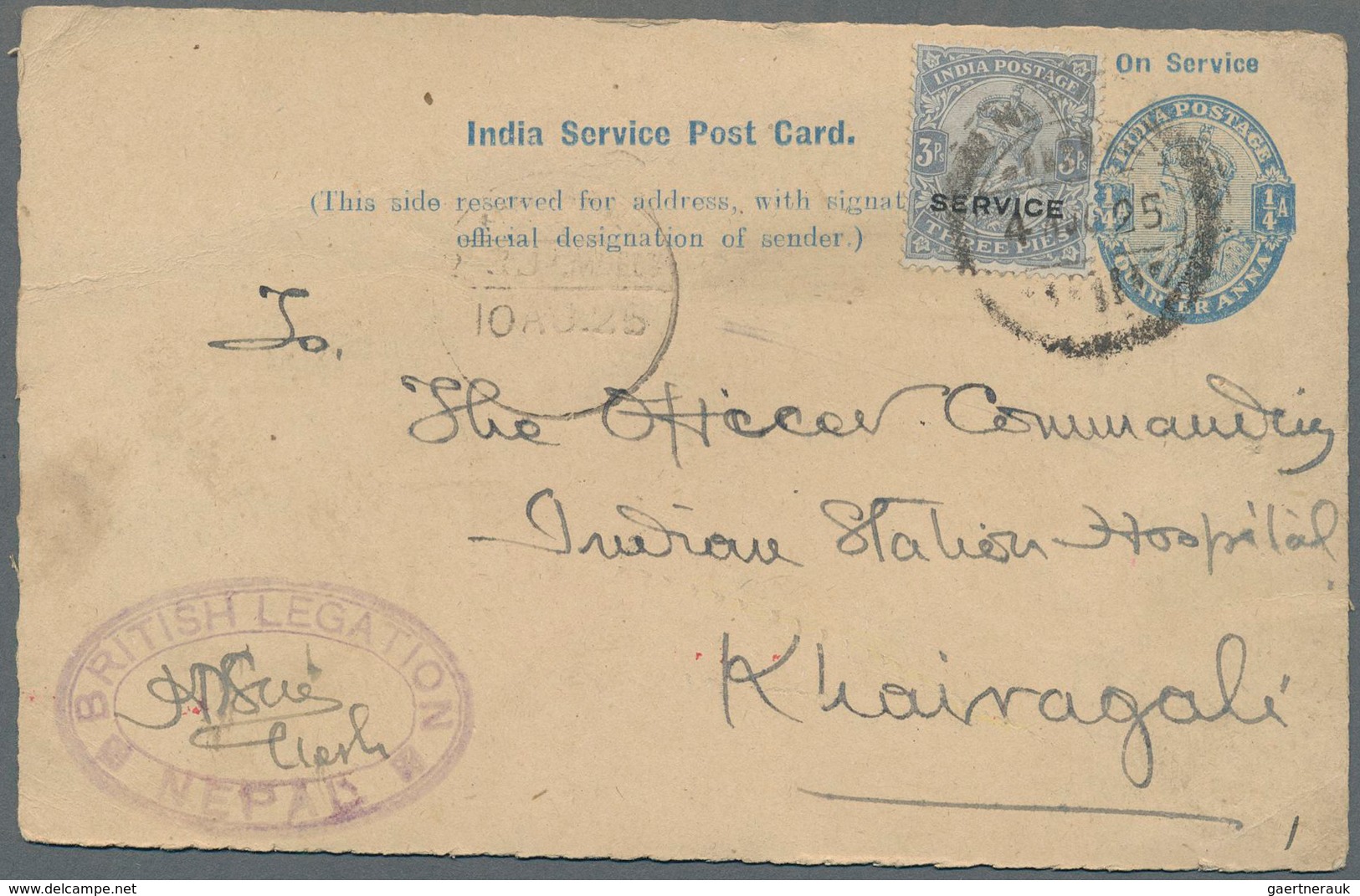 Nepal: 1925: Official India Postal Stationery Card KGV. ¼a. Ultramarine On Buff (1921), Uprated By I - Nepal