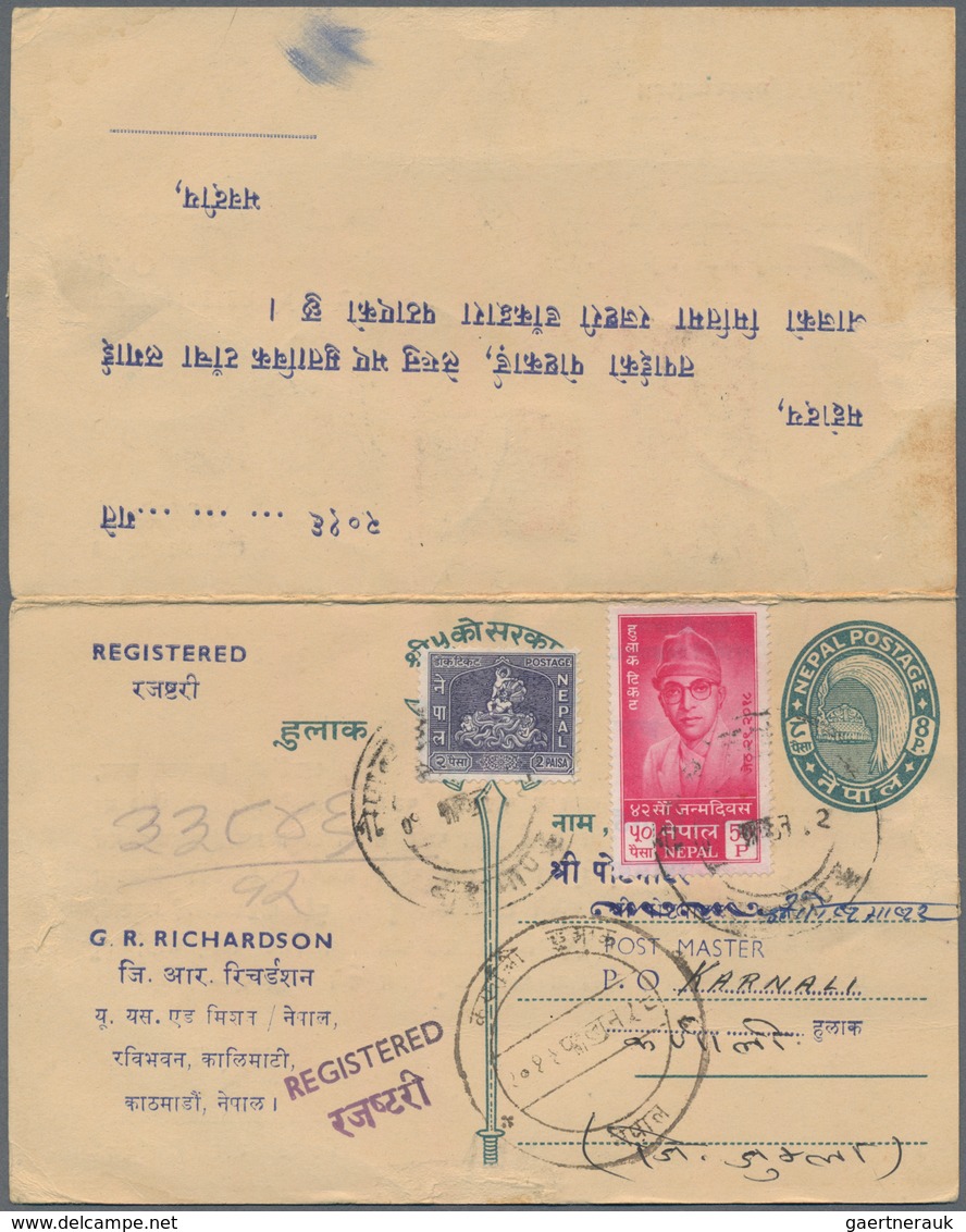 Nepal: 1962 Postal Stationery Double Card 8p.+8p. Green, Printed With Addresses, Message And "REGIST - Nepal