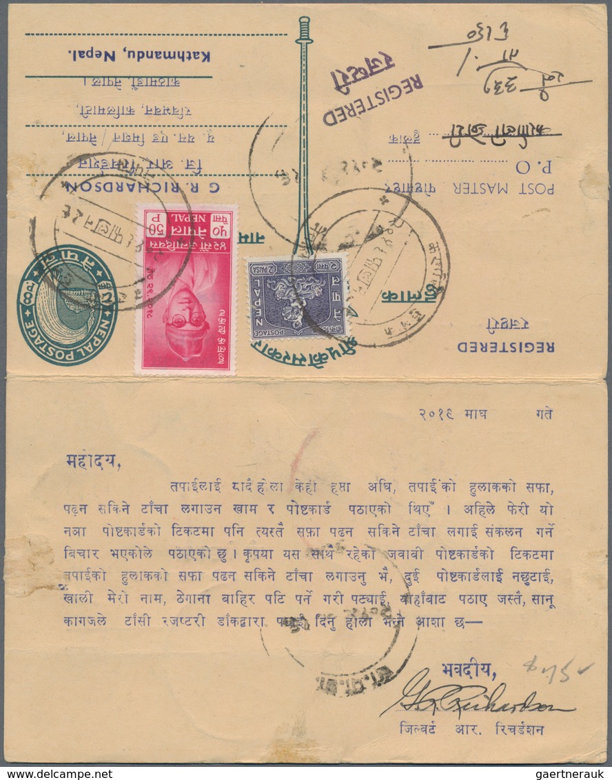 Nepal: 1962 Postal Stationery Double Card 8p.+8p. Green, Printed With Addresses, Message And "REGIST - Nepal