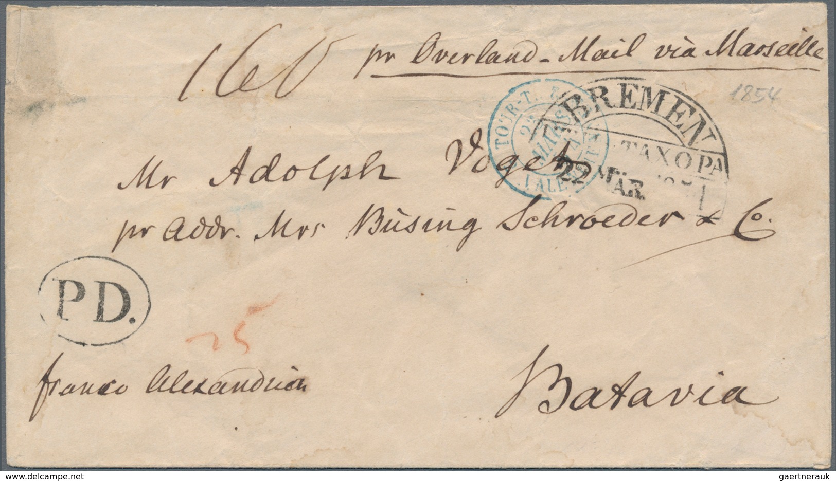 Niederländisch-Indien: 1854, Incomming Mail: Full Paid Fresh Stampless Envelope With Taxation "25" ( - Netherlands Indies