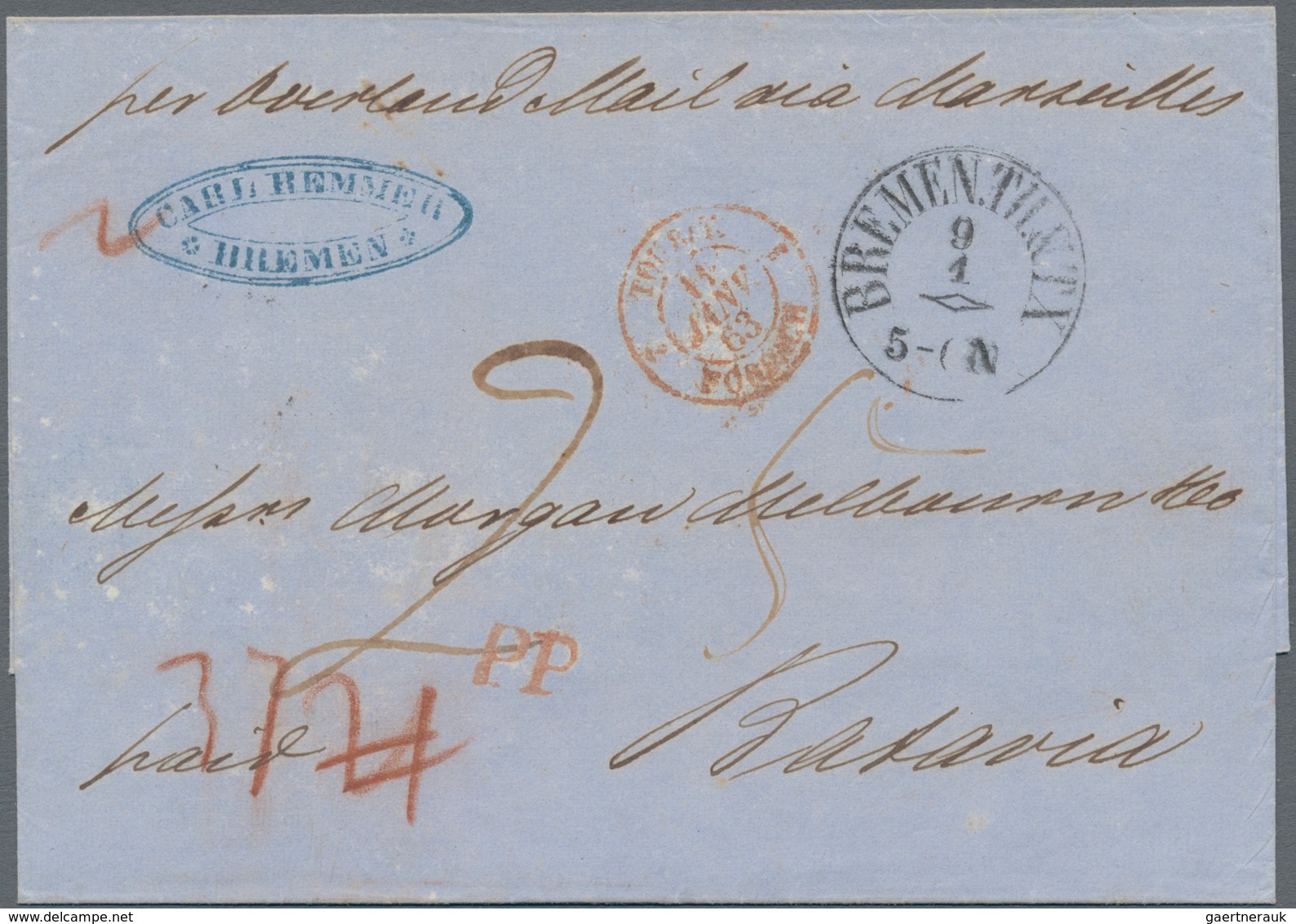 Niederländisch-Indien: 1863, Incomming Mail: Fresh Stampless Folded-envelope With Taxation "21" Chan - Netherlands Indies