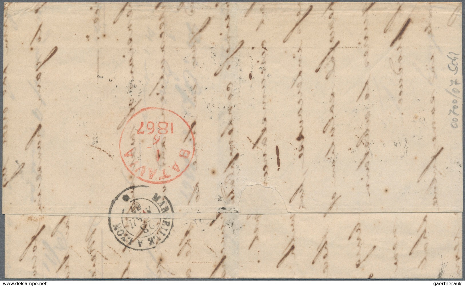 Niederländisch-Indien: 1867, Incomming Mail: Full Paid Fresh Stampless Folded Entire Letter With Tax - Netherlands Indies