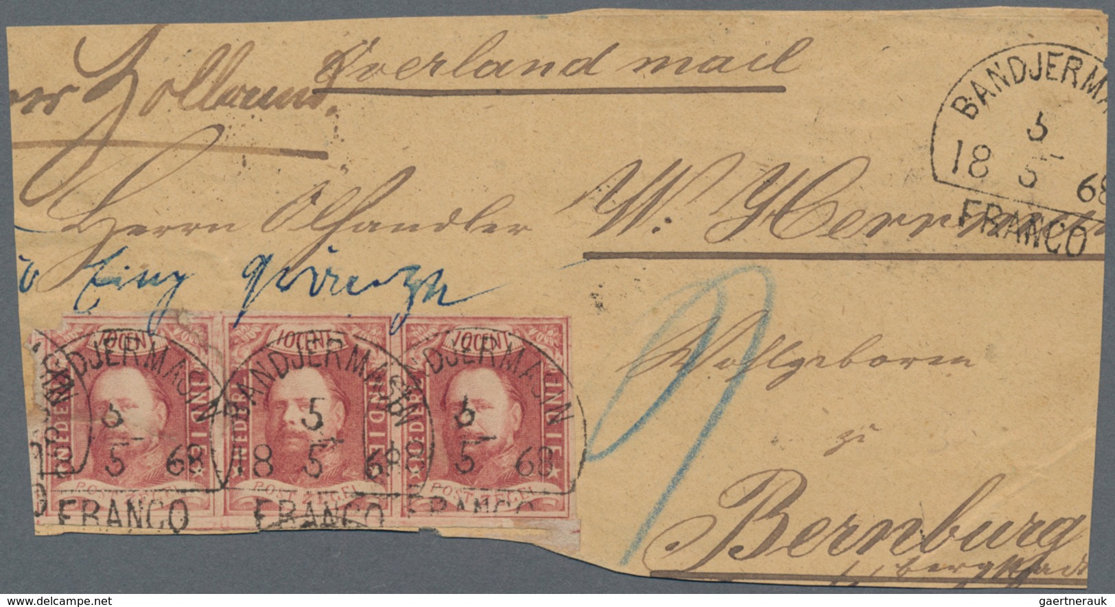 Niederländisch-Indien: 1864 Kind Wilhelm III. 10c. Lake Horizontal Strip Of Three, Used On Large Par - India Holandeses