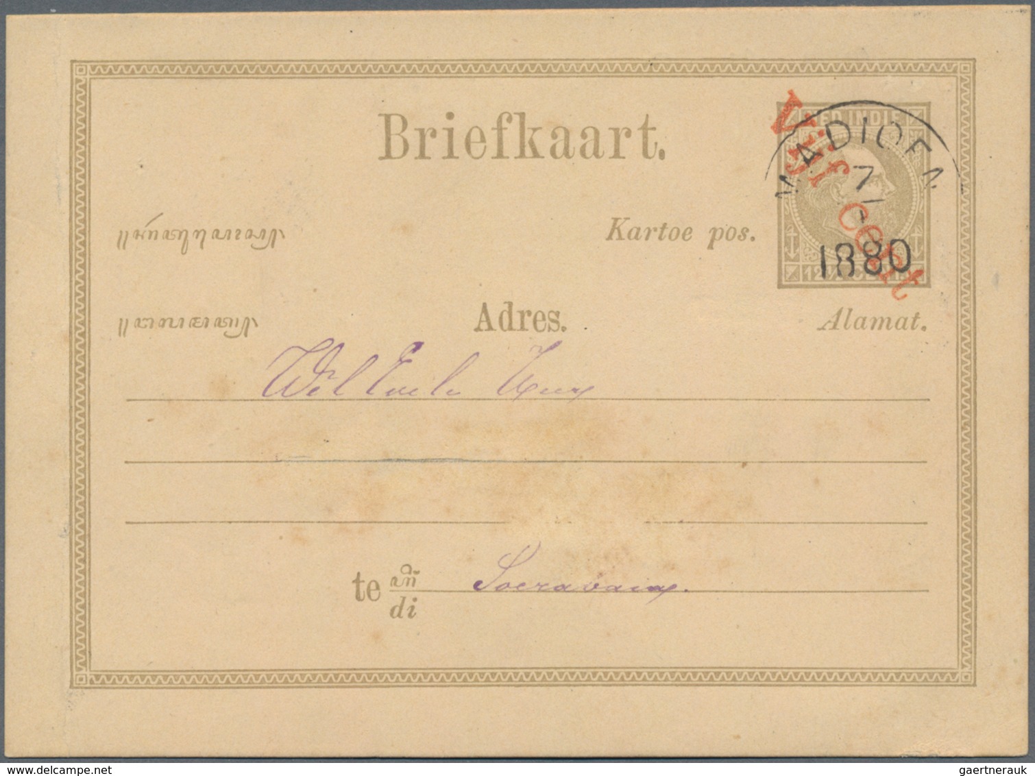 Niederländisch-Indien: 1878 (ca.), Moquette Surcharges: "Vijf Cent" In Red On Stationery Card Willem - Niederländisch-Indien