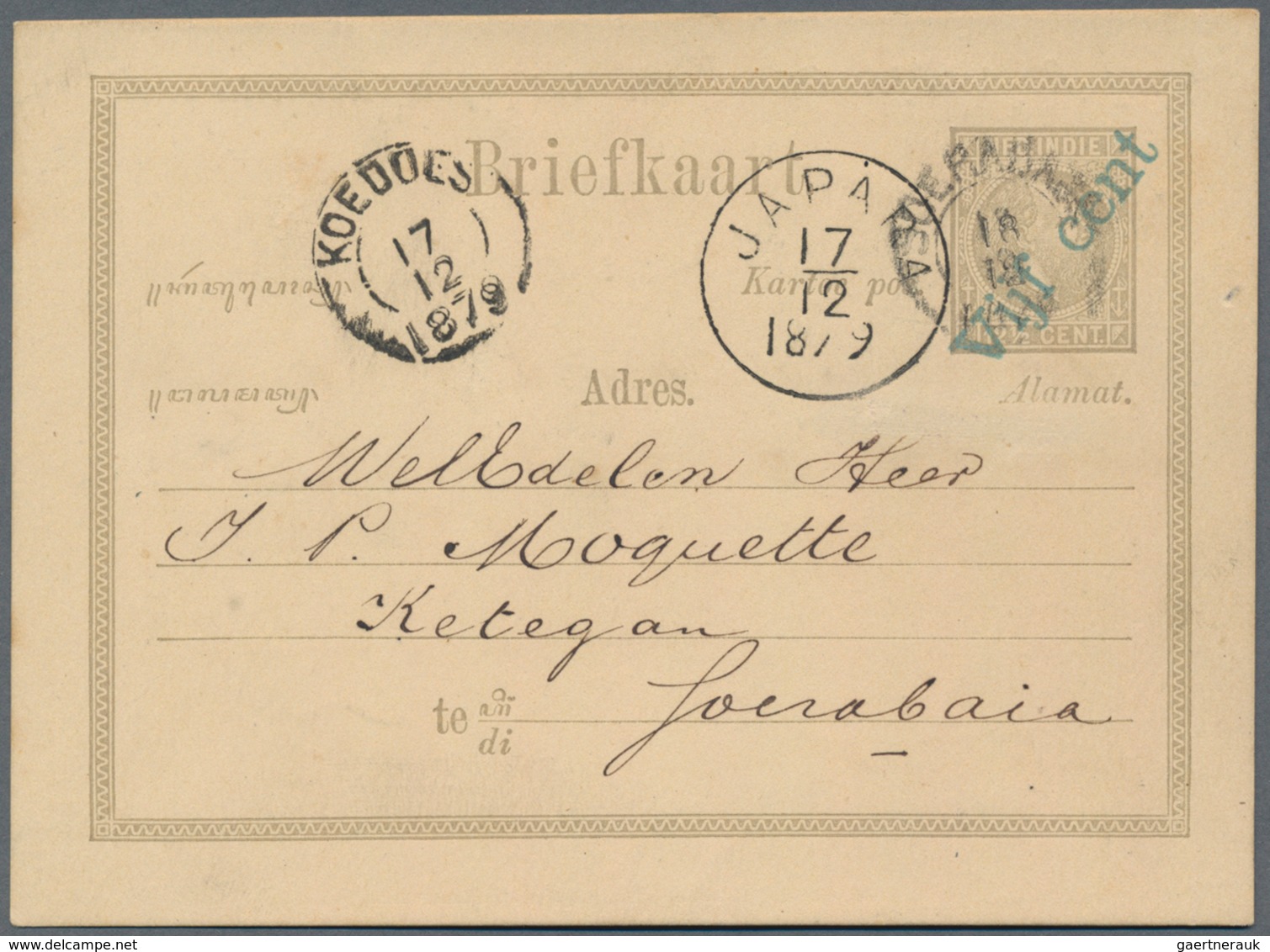 Niederländisch-Indien: 1879, Blue Ovpt. "Vijf Cent" On Card Willem 12 1/12 C. Canc. "JAPARA 17/12 18 - Netherlands Indies