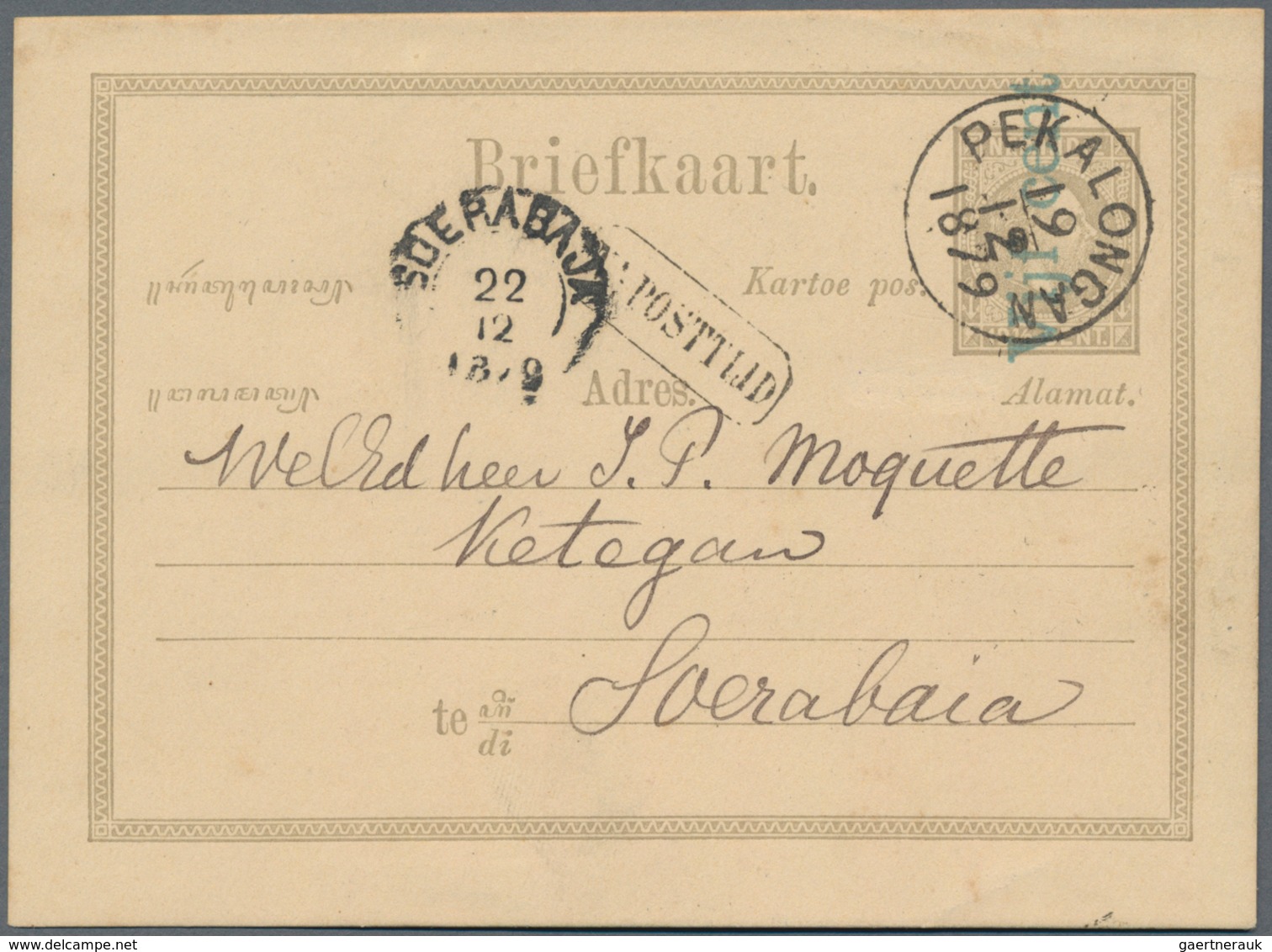 Niederländisch-Indien: 1879, Blue Ovpt. "Vijf Cent" On Card Willem 12 1/12 C. Canc. "PEKALONGAN 19/1 - Netherlands Indies
