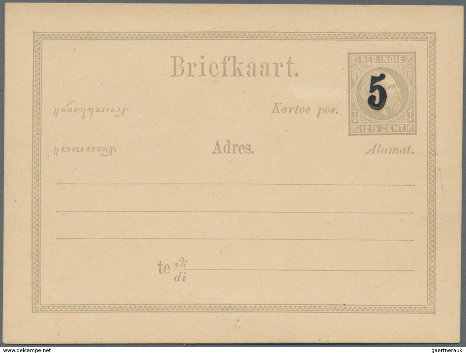 Niederländisch-Indien: 1879 (ca.), Bold Black "5" Surcharge On Card Willem 12 1/2 C. Grey, Probably - Netherlands Indies