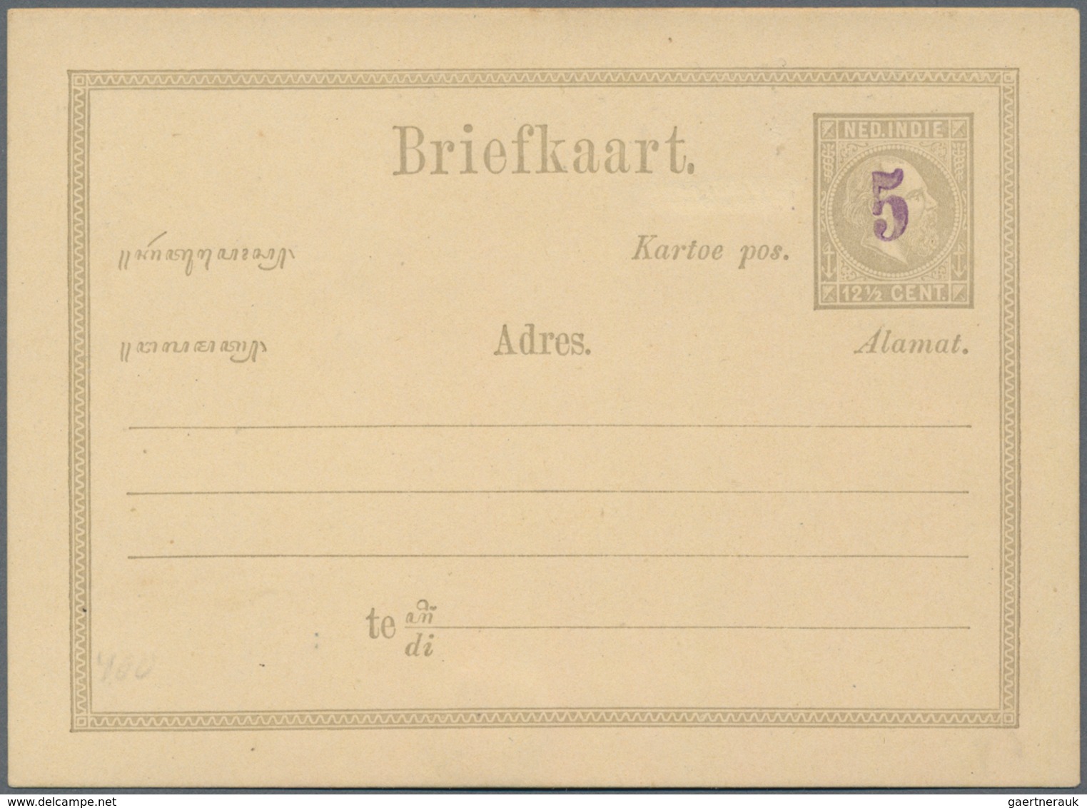 Niederländisch-Indien: 1879 (ca.), Blue "5" Surcharge On Card Willem 12 1/2 C. Grey, Probably Moquet - Netherlands Indies