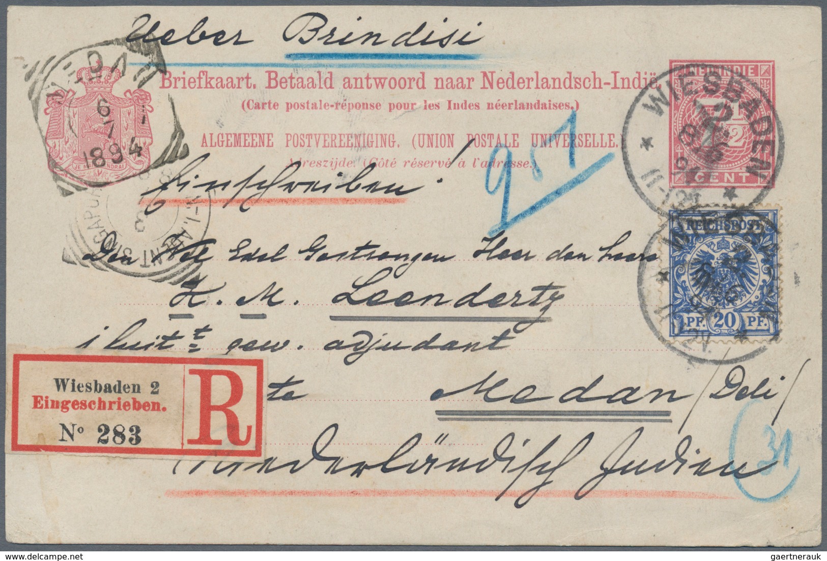 Niederländisch-Indien: 1888-91 Postal Stationery Reply Part Of 7½+7½ Double Card Used REGISTERED BAC - India Holandeses