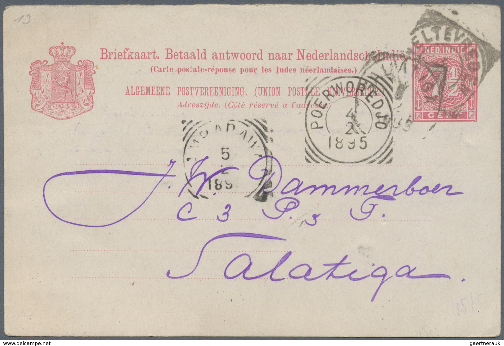 Niederländisch-Indien: 1895, Stationery Paid Reply Card, Reply Part 7 1 /2 C. Carmine Used "VELTEVRE - Niederländisch-Indien