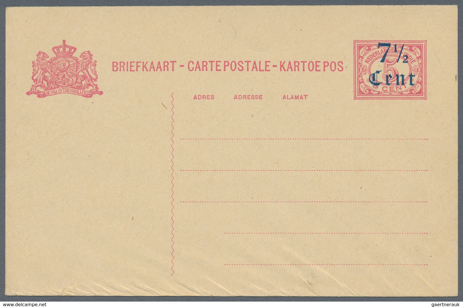 Niederländisch-Indien: 1912 (ca.), 7 1/2 Cent, Two-line Blue Surcharge Essay On Stationery Card 5 C. - Niederländisch-Indien