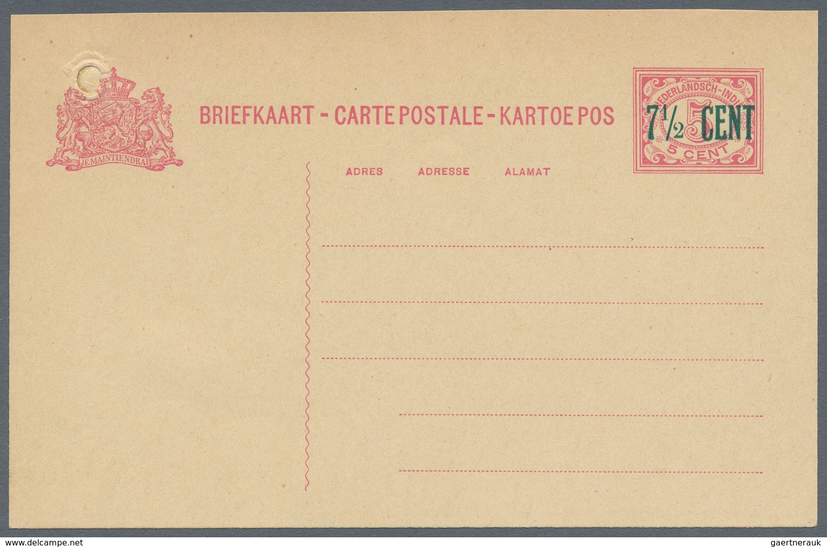 Niederländisch-Indien: 1912 (ca.), 7 1/2 Cent, Single-line Green Surcharge Essay On Stationery Card - Niederländisch-Indien