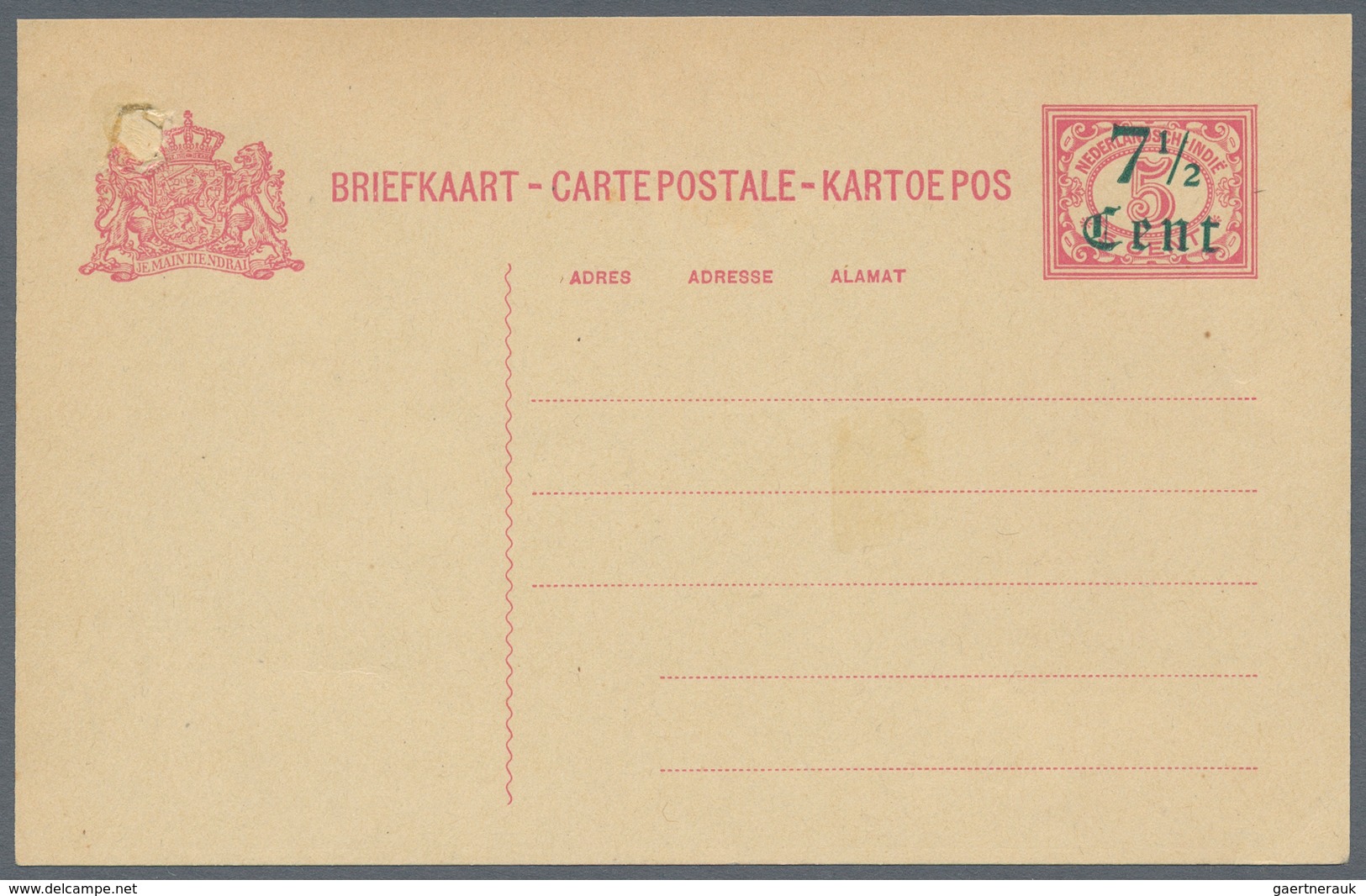 Niederländisch-Indien: 1912 (ca.), 7 1/2 Cent, Two-line Green Surcharge Essay On Stationery Card 5 C - Netherlands Indies