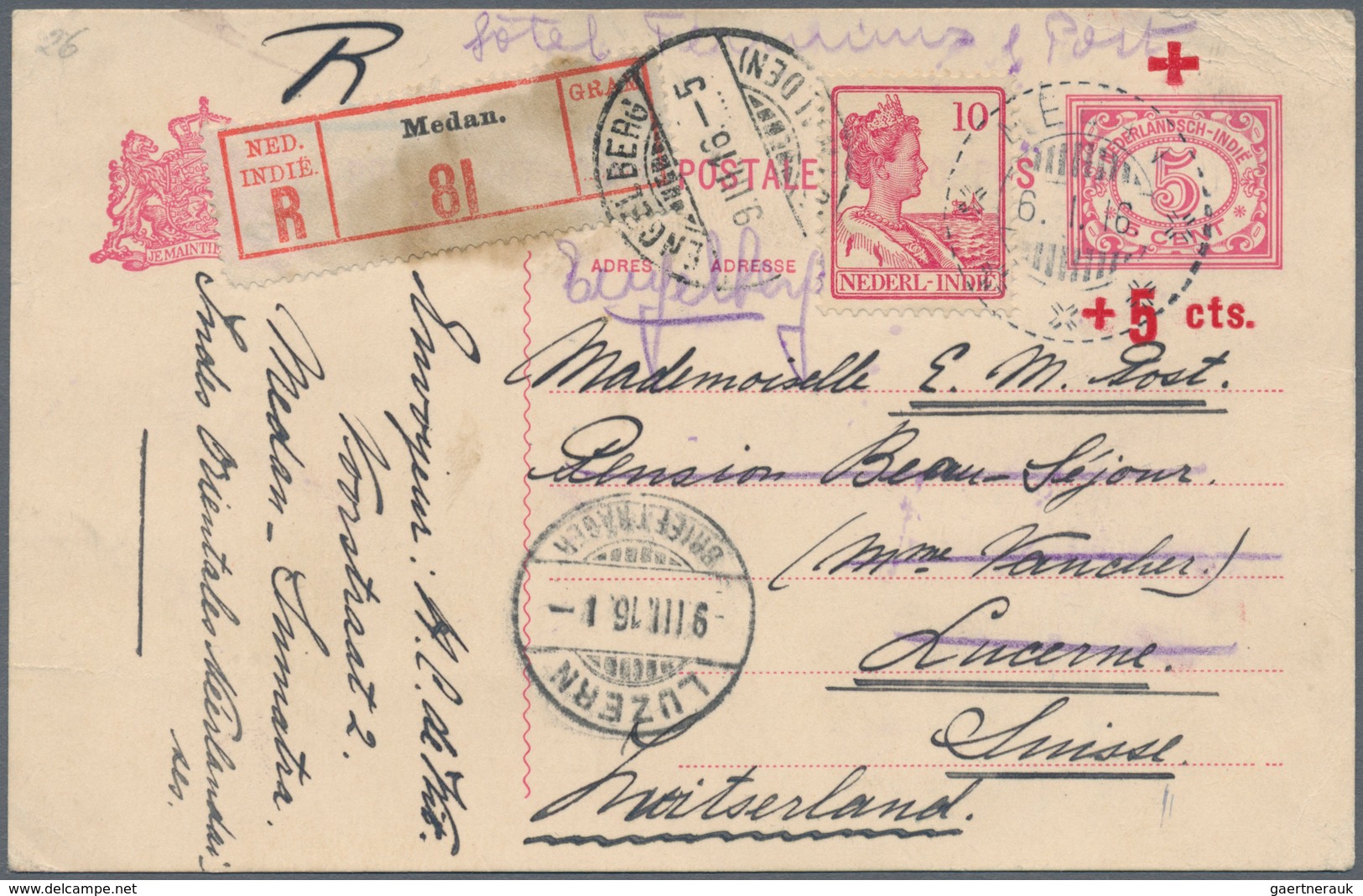 Niederländisch-Indien: 1915 Red Cross Postal Stationery Card 5(+5)c. Used Registered From Medan To L - Niederländisch-Indien