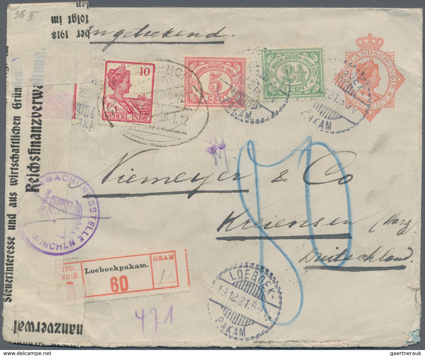 Niederländisch-Indien: 1921, Stationery Envelope 12 1/2 C. Uprated 2 1/2 C., 5 C. And 10 C. Tied "LO - Netherlands Indies