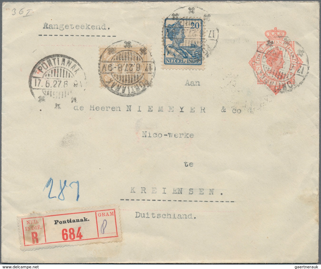 Niederländisch-Indien: 1923, Two Stationery Envelopes: Octagon 20 C Blue Uprated 20 C. Sent Register - Niederländisch-Indien