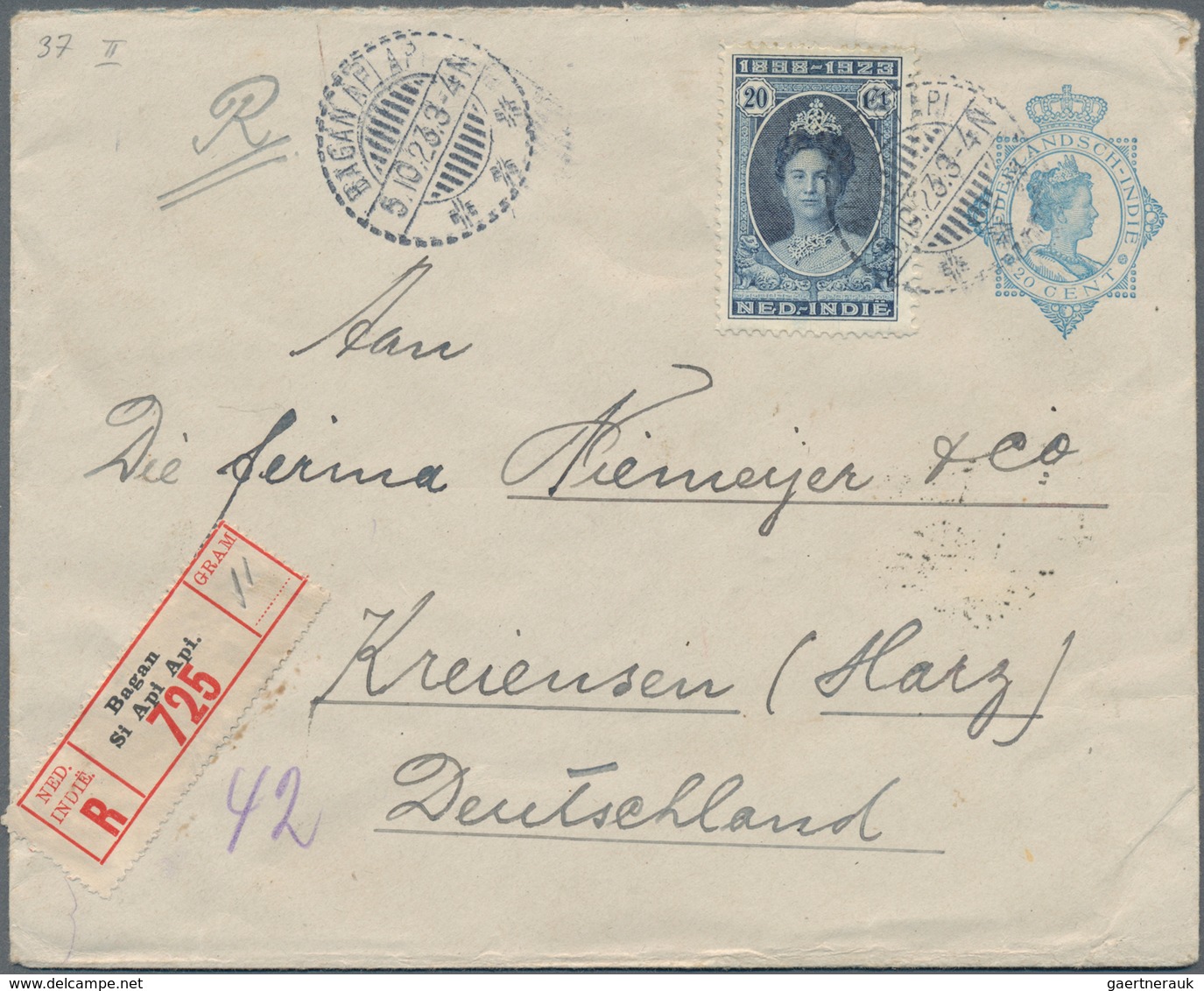 Niederländisch-Indien: 1923, Two Stationery Envelopes: Octagon 20 C Blue Uprated 20 C. Sent Register - Niederländisch-Indien