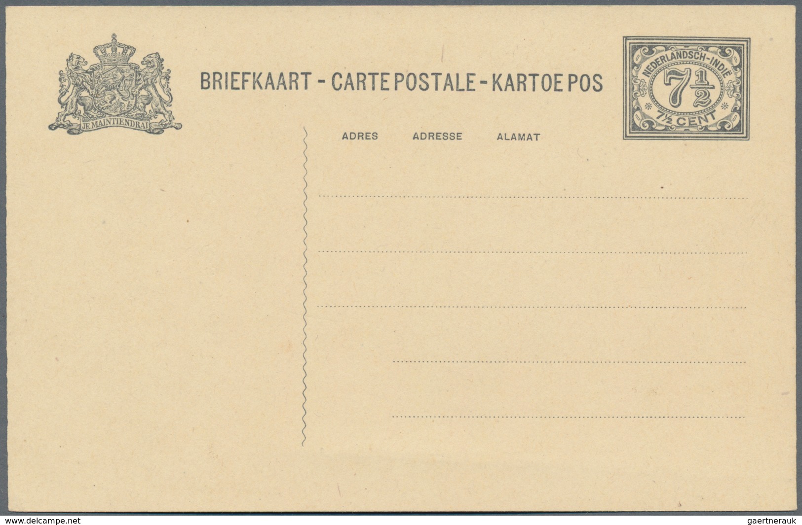Niederländisch-Indien: 1925 (ca.), Stationery Card Numeral 7 1/2 C. In Black, Unused Mint, Probably - Niederländisch-Indien