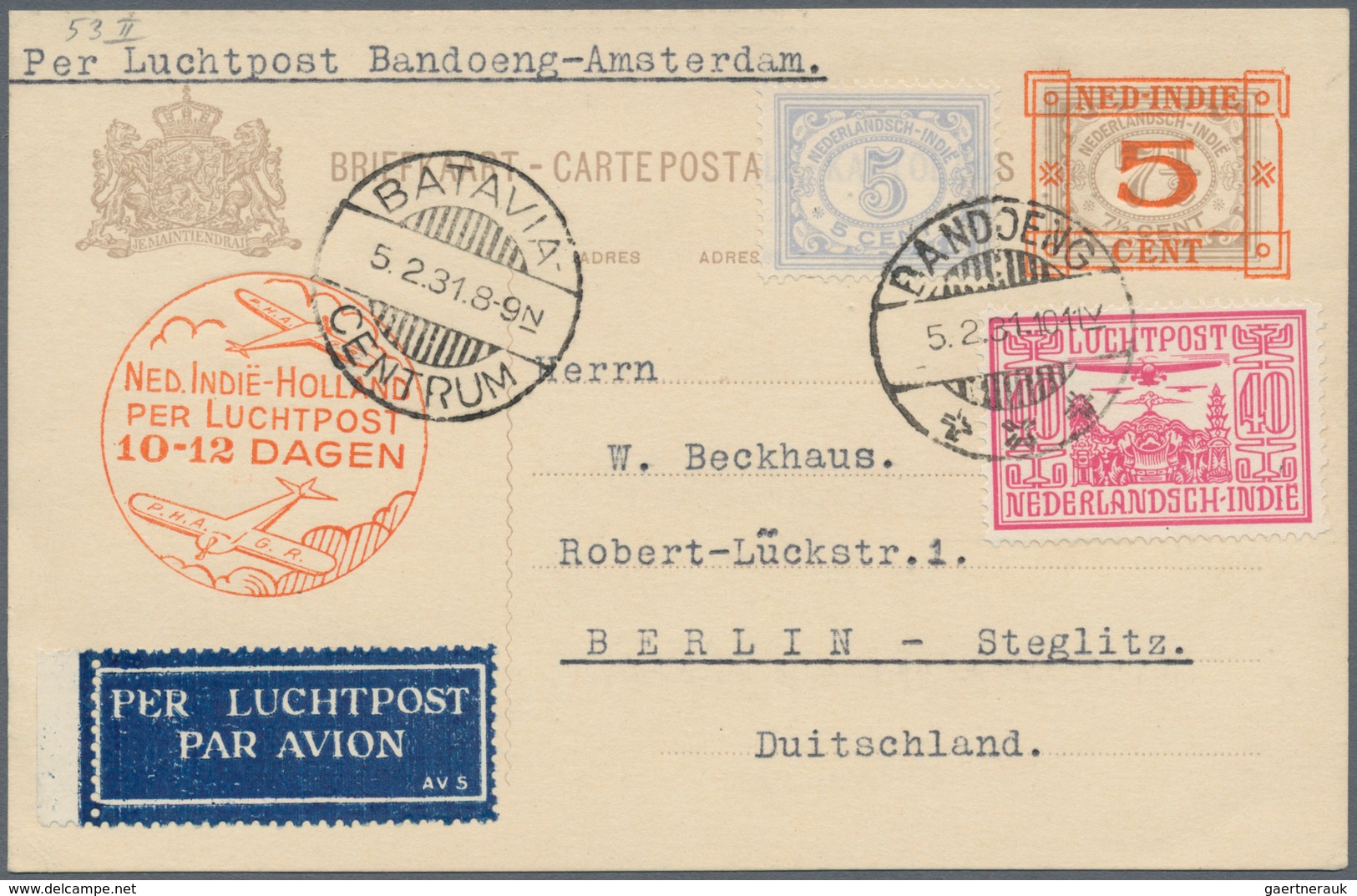 Niederländisch-Indien: 1930 Airmail Postal Stationery Card 5 On 7½c. With Airmail Cachet In Orange, - Niederländisch-Indien