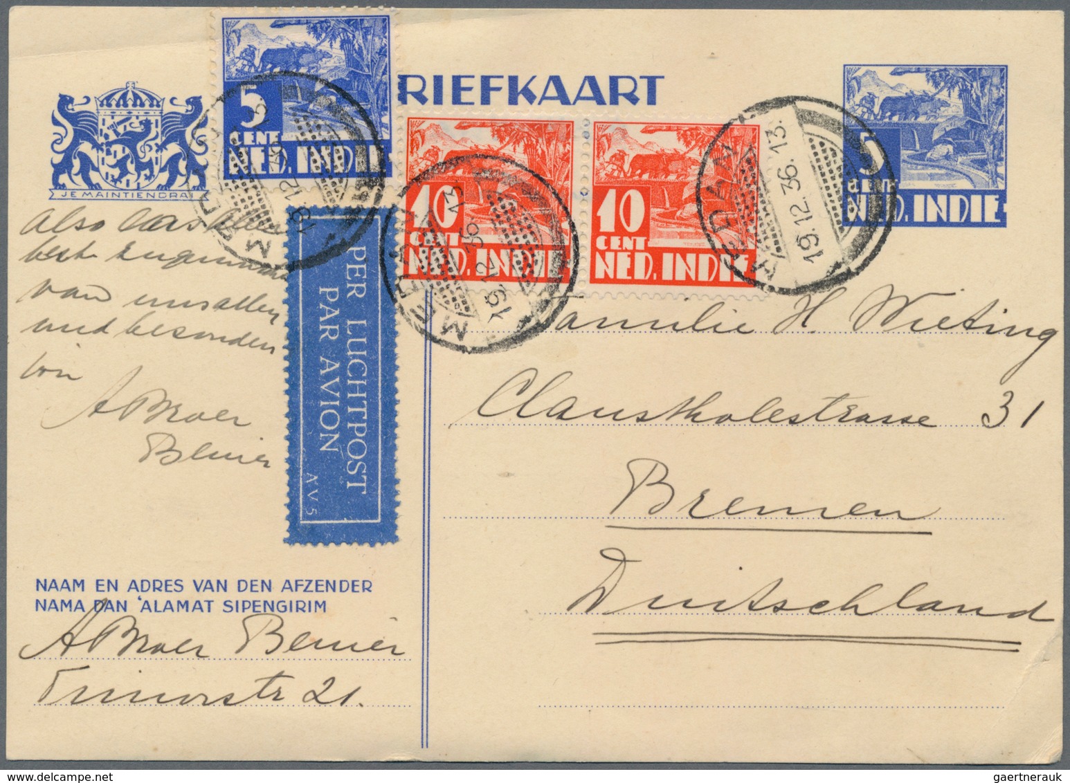 Niederländisch-Indien: 1936, Stationery Card 5 C. Blue Uprated Total 25 C. Tied "MEDAN 19.12.36" By - Netherlands Indies