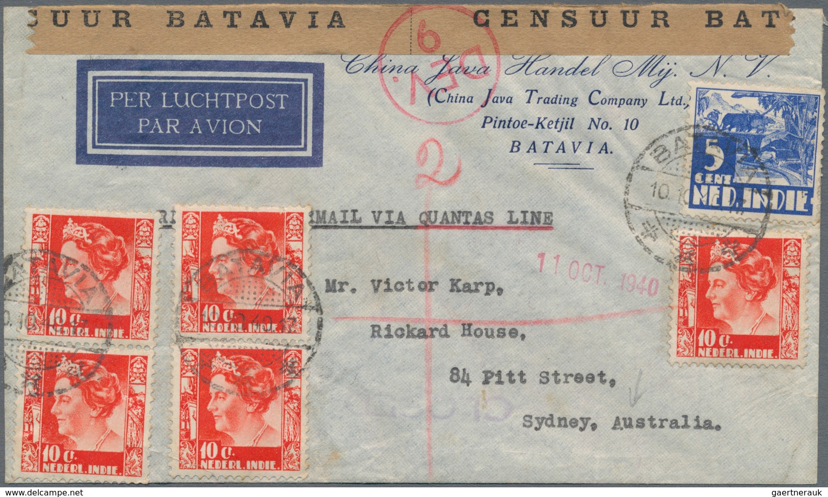 Niederländisch-Indien: 1940, 5 C., 10 C. (5) As 55 C. Frank Tied "BATAVIA 10.10.40" To Censored Airm - Niederländisch-Indien