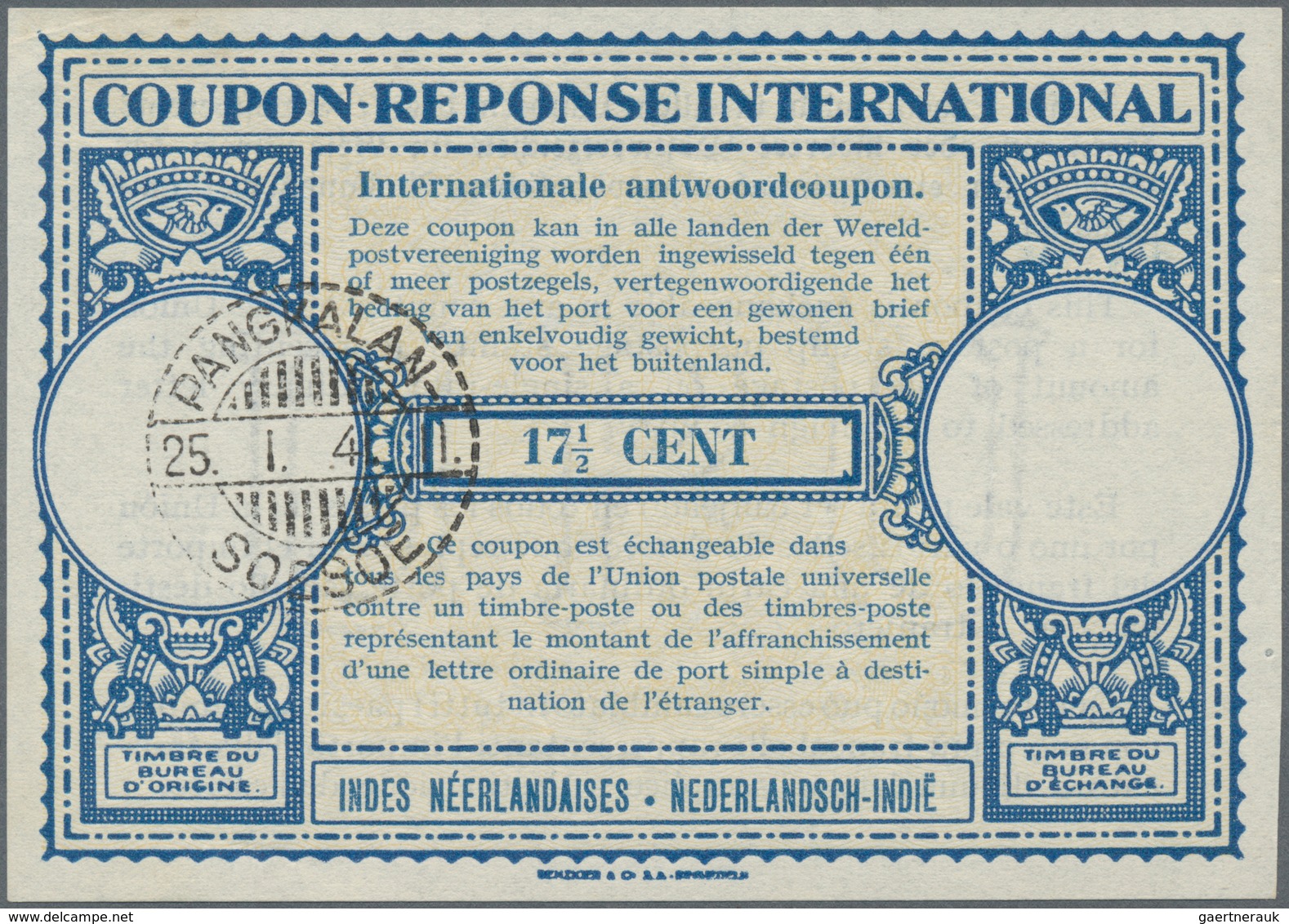 Niederländisch-Indien: 1940, International Reply Coupon IRC, 17 1/2 C. Canc. "PANGALAN-SOESOE 25.1.4 - Niederländisch-Indien