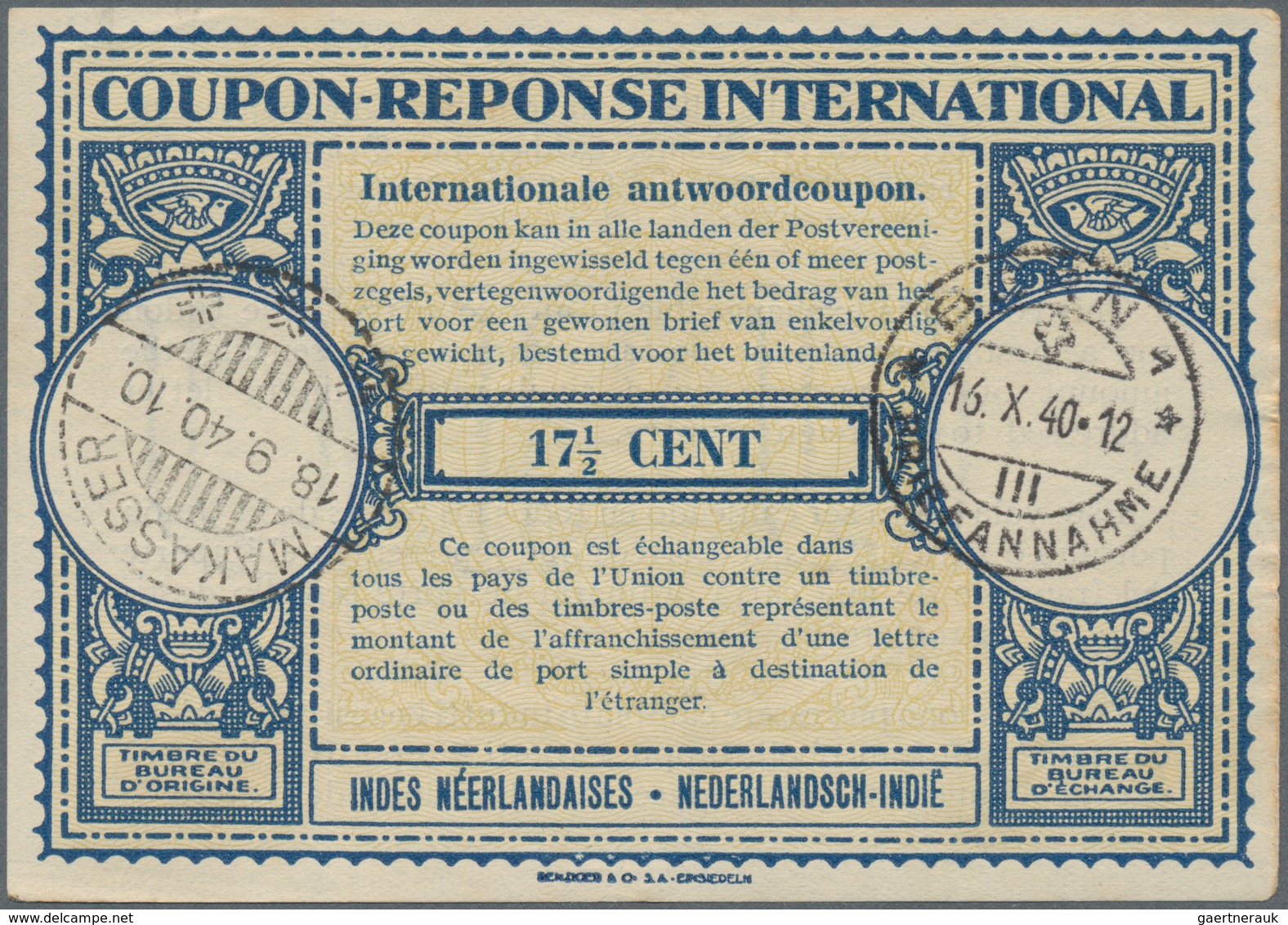 Niederländisch-Indien: 1940, International Reply Coupon IRC, 17 1/2 C. Canc. "MAKASSER 18.9.40" With - Netherlands Indies