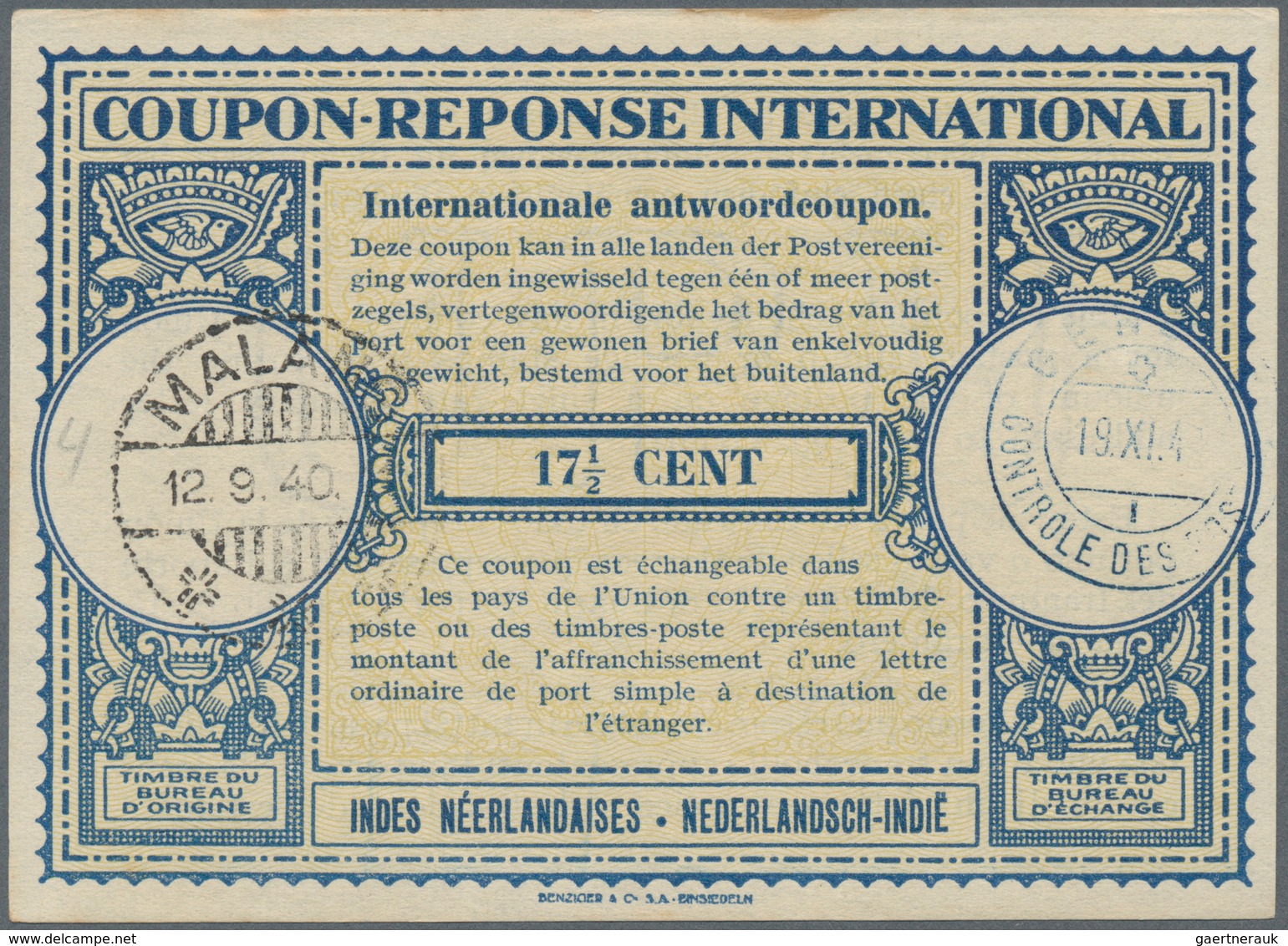 Niederländisch-Indien: 1940, International Reply Coupon IRC, 17 1/2 C. Canc. "MALANG 12.9.40" And Co - Niederländisch-Indien