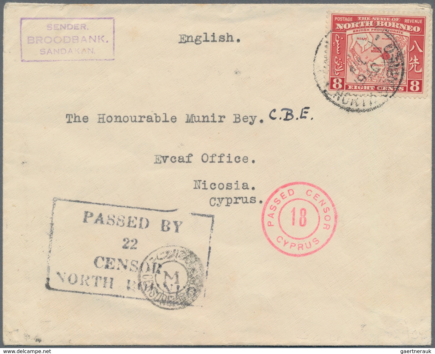 Nordborneo: 1939, 8 C. Red Tied Part-readable "(SANDAKAN) 7 APL 1940" To Cover To Nicosia/Cyprus Wit - Nordborneo (...-1963)