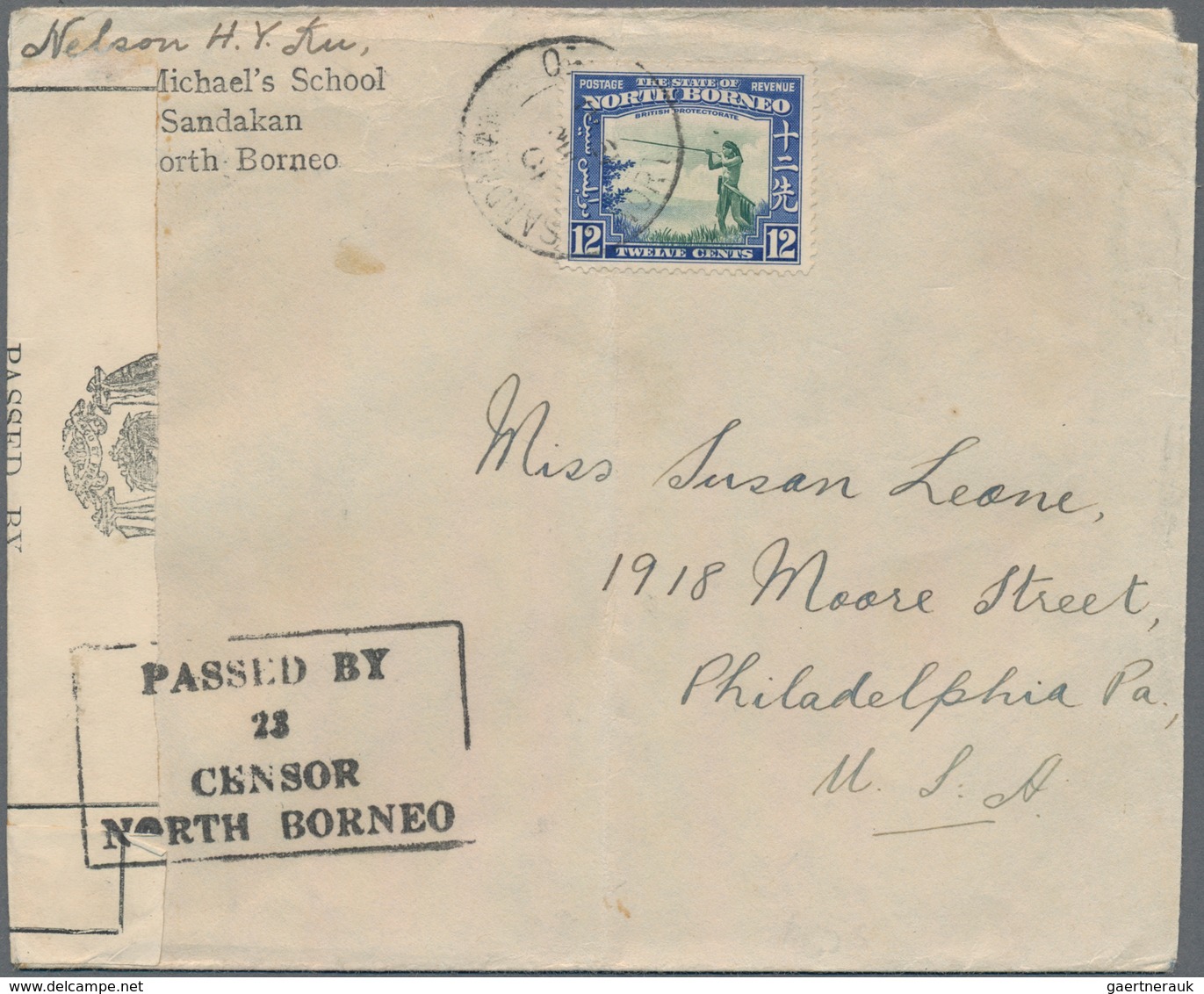 Nordborneo: 1941 Censored Cover From Sandakan To Philadelphia, USA Franked By 1939 12c. 'Murut With - Nordborneo (...-1963)