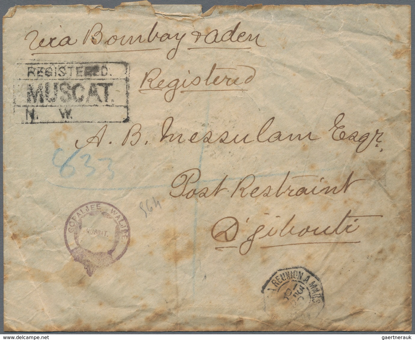 Oman: 1898 MUSCAT: Registered Cover To DJIBOUTI Via Bombay & Aden, Franked On The Reverse By India Q - Oman