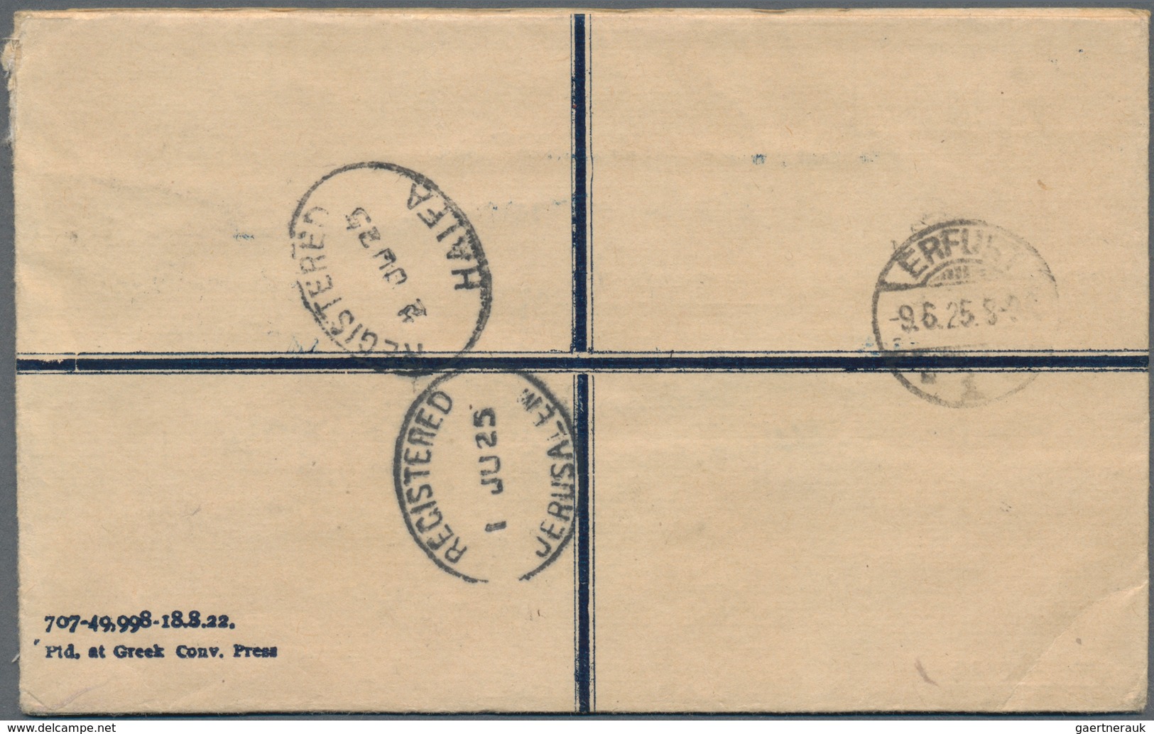 Palästina: 1925, Small Size Registered Provisional Envelope Franked With Vertical Pair 13m. Ultramar - Palästina