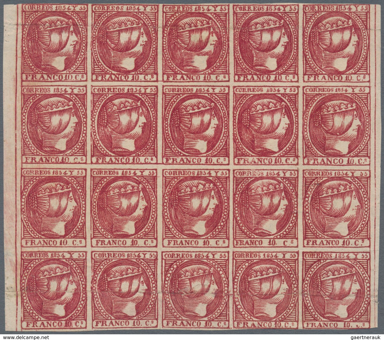 Philippinen: 1854, 10 Cuartos Dark Carmine, A Left And Right Margin Block Of 20 (4x5), Unused No Gum - Filippijnen
