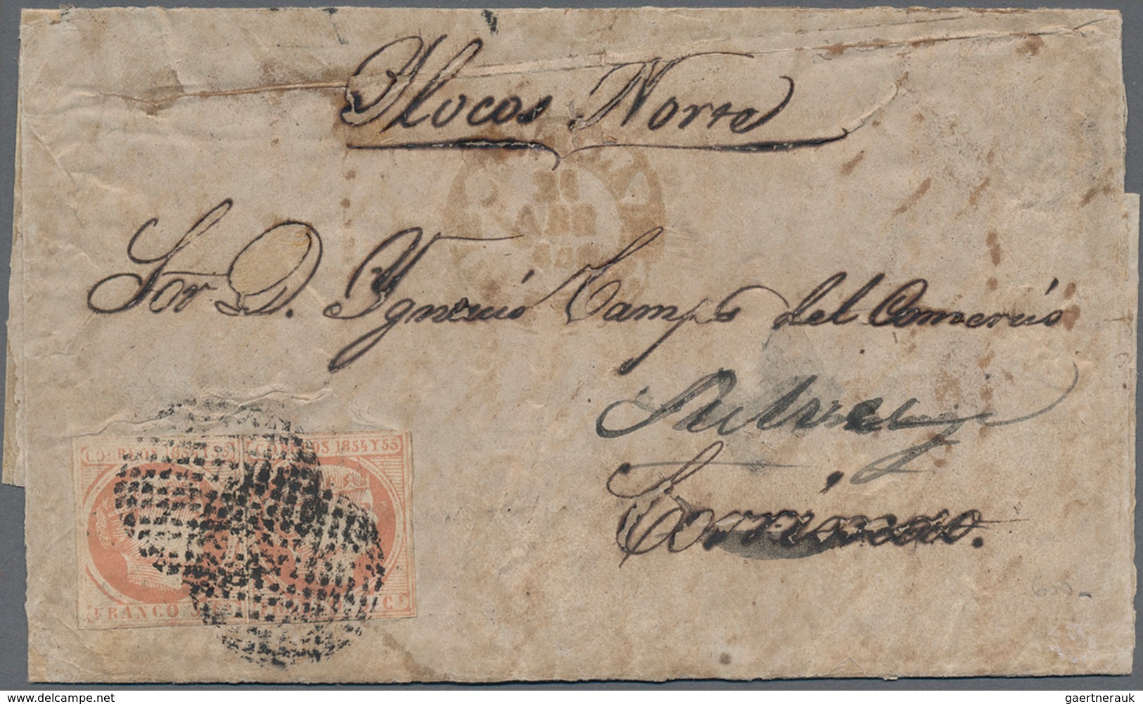 Philippinen: 1856, 5 Cuartos Red Pair On Folded Envelope. MANILA To CORRIMAO And Redirected To Sulve - Philippines