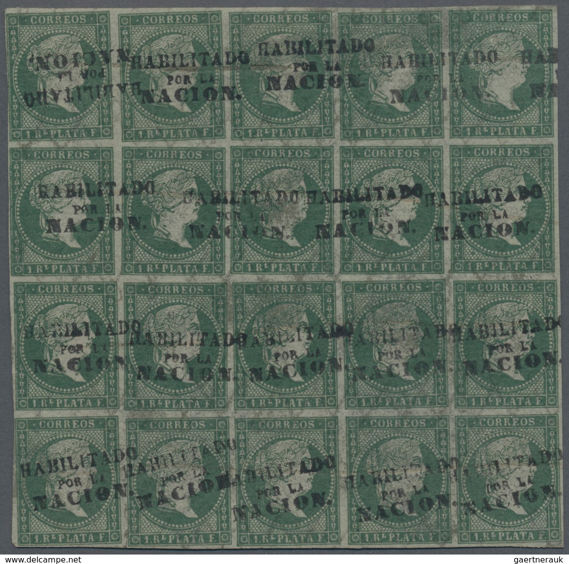 Philippinen: 1869-74, 1 Real Green, Block Of Twenty With Deep Impressed Watermark, Mint Mh/mnh. Over - Philippines