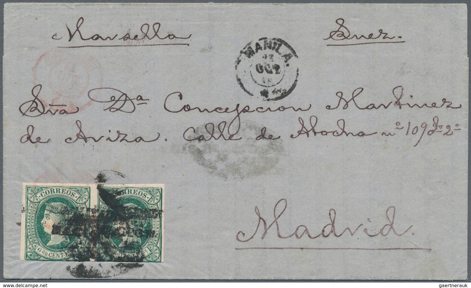 Philippinen: 1870, 6 2/8 Green Ctvos, A Horizontal Par Ovpt. "habilitado Por La Nacion", Pmkd. Paril - Philippines